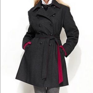 DKNY Wool-Blend Double-Breasted Trench Coat, Black with Gray Accent (16)